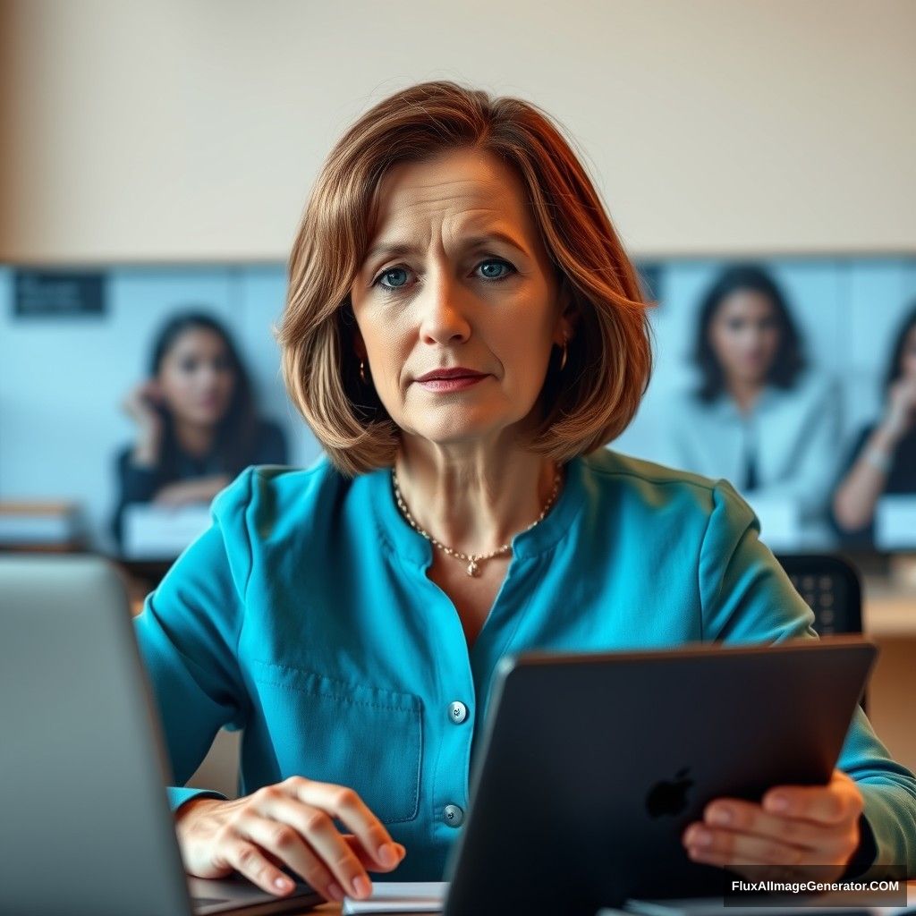 Microsoft online teams meeting for "Atos" presented by a white woman with brown bobbed hair, in her fifties. People online looking upset. - Image