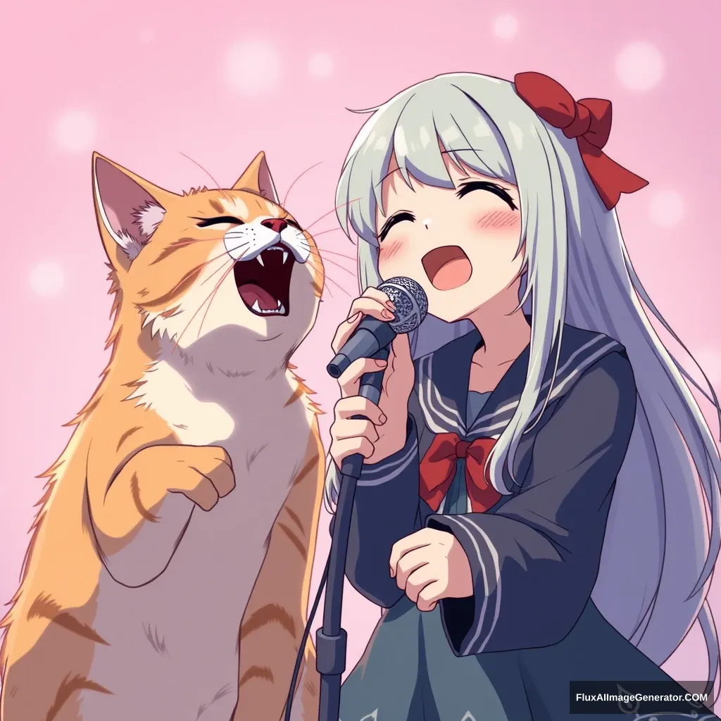 A cat and an anime girl are singing.