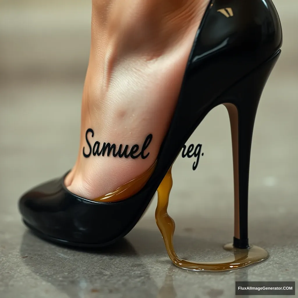 The name "Samuel Greg" on a woman's foot in a black high heel. There is oil all over the foot.