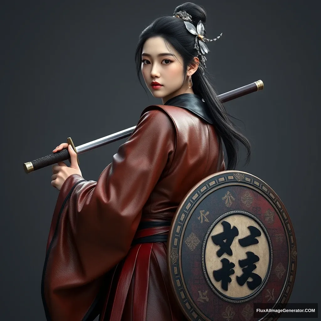 A gorgeous and elegant girl (like Tang Wei, with tousled hair and a silver hairpiece) is wearing leather armor (in a Korean traditional clothing style), with the skirt hemline at the back. The pus is on one side of the stain. She is holding a traditional Korean sword and a round shield (with "한" written on it). This is a hyper-realistic photo created with Unreal Engine, aspect ratio 9:16.