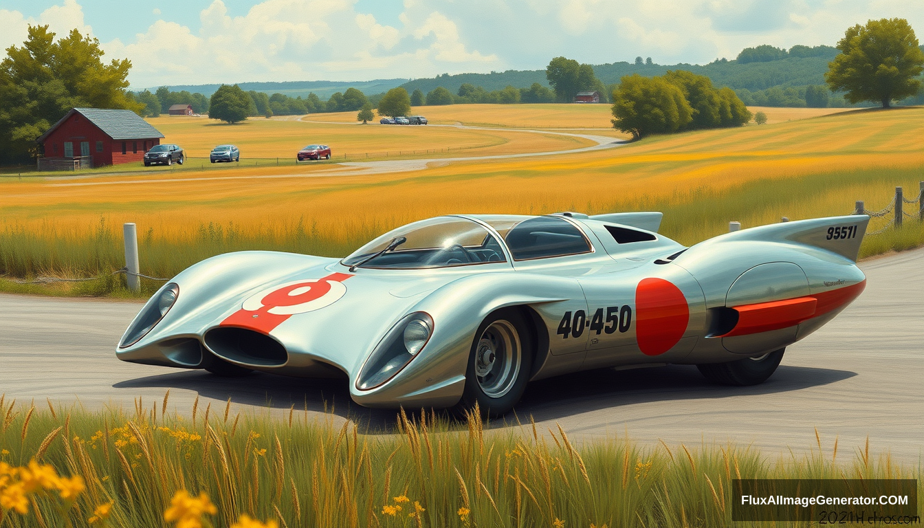 A 1960s futuristic concept car, based on a 1967 formula racecar, as painted by Syd Mead, country setting, 4k. - Image