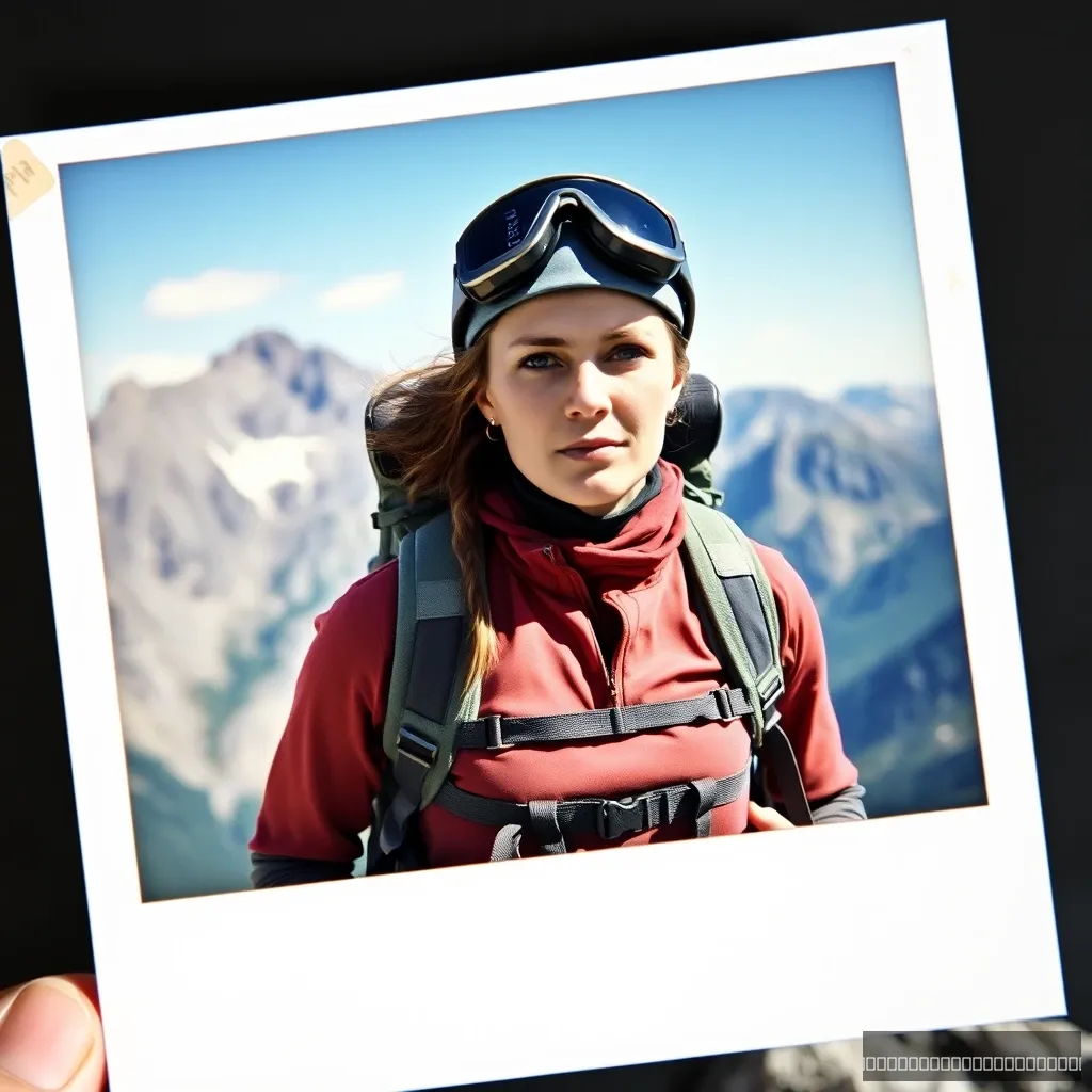 Woman geared up for an intense hike. Determined look. Bottom of rugged mountain Polaroid. - Image