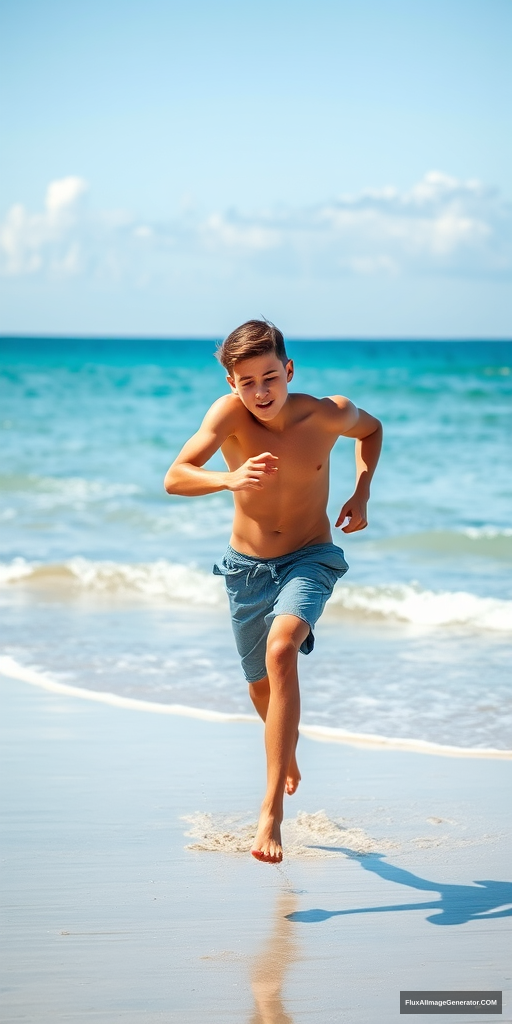 shirtless teen boy at the beach running - Image