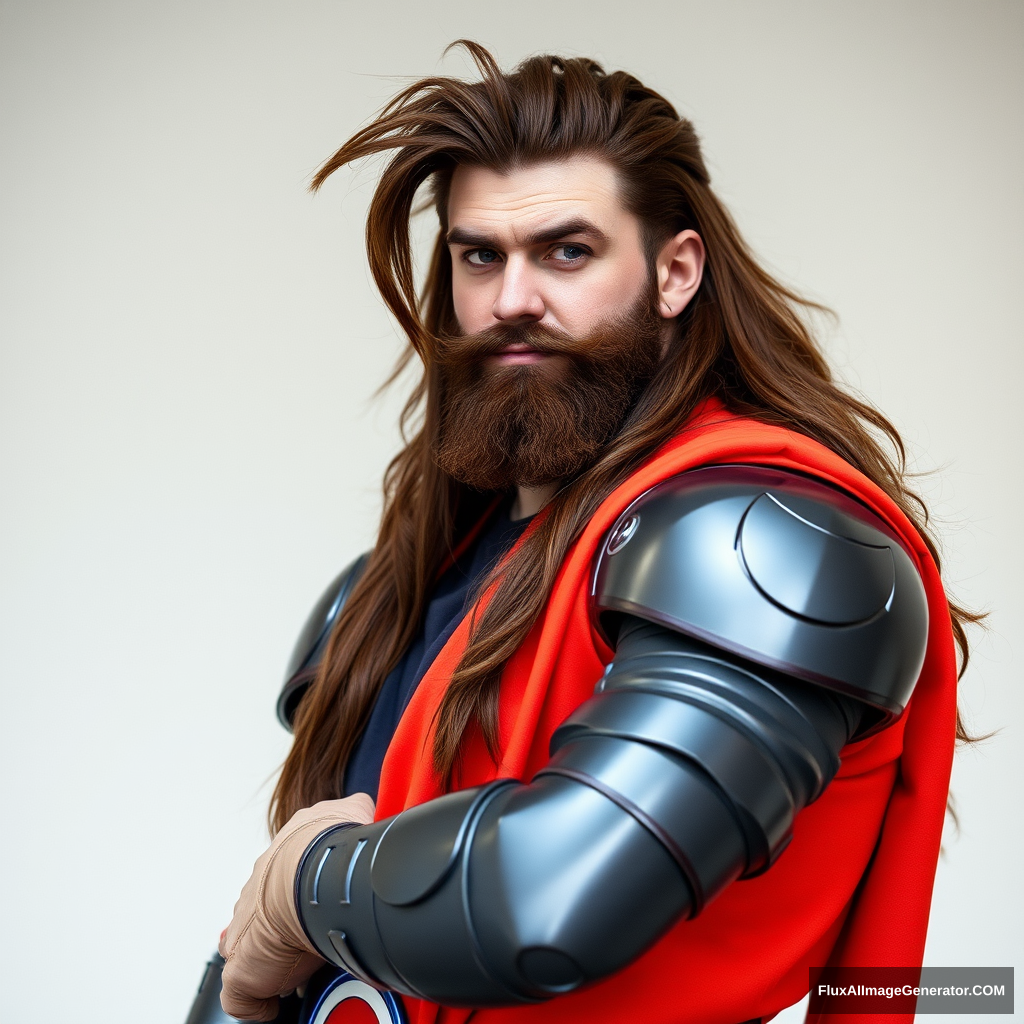 Long brown-haired and bearded guy cosplaying as Cyborg 8 from Dragon Ball. - Image