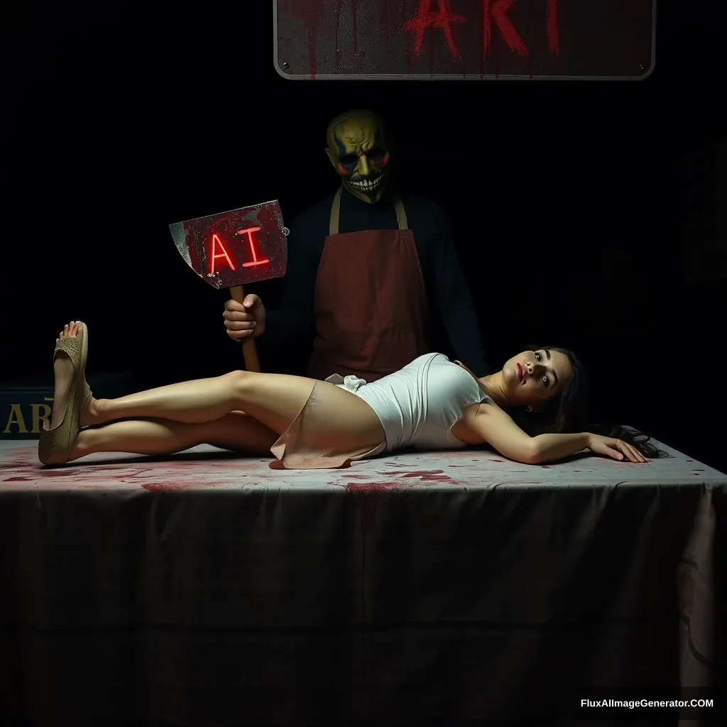 A woman lay on the butcher table, shoes on, at night, neo. The sign said: "AI ART", a horrible butcher with a mask standing behind in the dark with a bloody axe in hand.