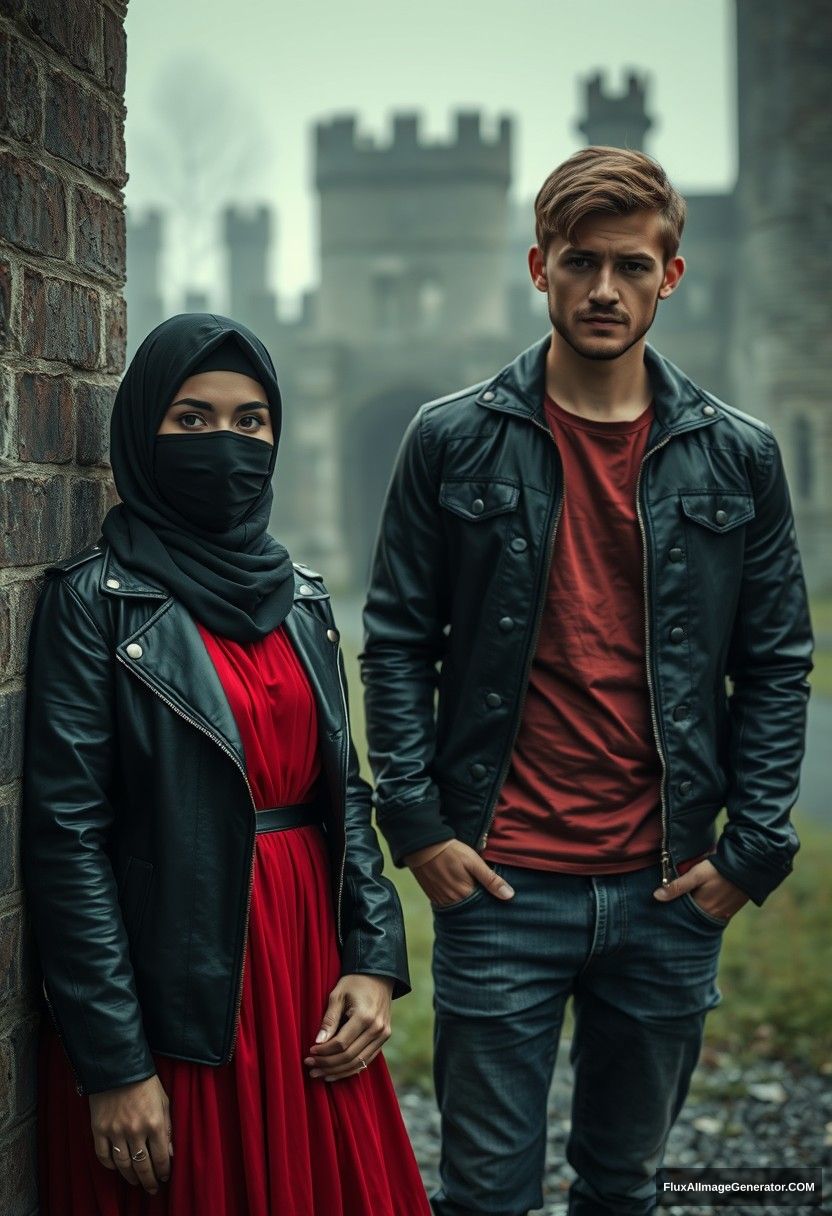 A biggest black hijab girl, beautiful eyes, face mask black, black leather jacket, biggest red longest dress, untall,

Jamie Dornan, handsome, face mask black, fit and tough body, metal red t-shirt, black leather jacket, jeans, tall man,

standing near wall together, Hyper realistic, photorealistic, street photography, Victoria's abandoned castle, gloomy, darkness. - Image