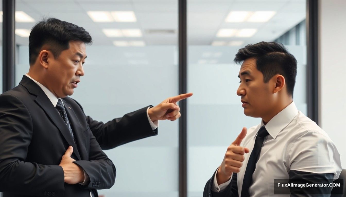 This is an office scene. There is a man in a black suit on the left side of the screen. His name is Paul, an Asian. Paul is very angry. He smacks his hand and points to the right at another man wearing a white shirt and a black tie. His name is Ivan, also an Asian. Ivan refused to talk to Paul; his opponent made a blocking gesture and had a disgusted facial expression. - Image