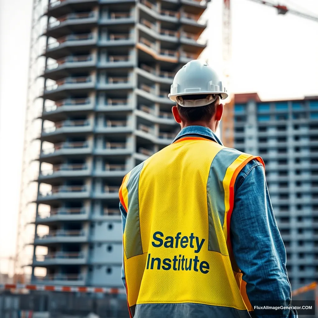 A photorealistic image of a construction worker walking toward a construction site. There is a high-rise building under construction in the background. The construction worker is facing toward the camera. The construction worker is about 10 feet away from the camera. He is wearing a yellow vest that has “Utah Safety Institute” in white letters on the left chest. He is also wearing a white safety hat.