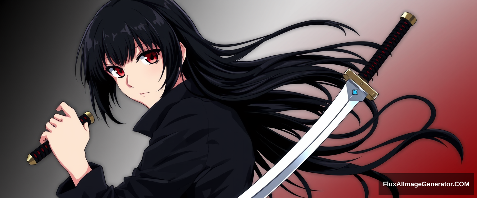 Anime style is important. Seinen style anime. Should look like an assassin with a gradient background. Holding one sharp sword. Black hair, red eyes. And should be a full body drawing. Should include legs. Hold sword straight on. Girl. Single side sword. Correct hand anatomy. - Image