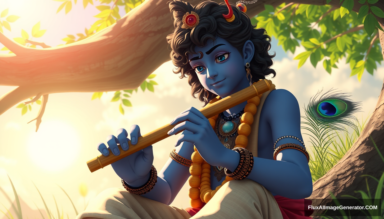 Young boy Krishna, 20 years old (blue skin)  
BREAK  
Playing flute, nature, sun, sitting, anime style, peacock feather, cinematic rendering, 3D look, ((long curly hair))