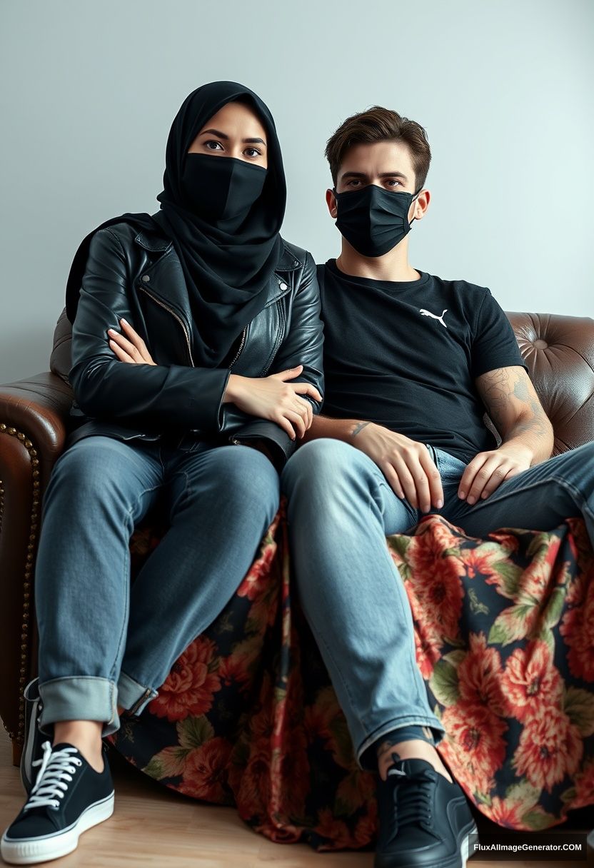 A biggest black hijab girl, slim girl, beautiful eyes, face mask black, black leather jacket, biggest floral long dress, black leather sneaker, sitting on leather single wing sofa, Jamie Dornan, youngest, puma black T-shirt, jeans, black leather sneaker, tall man, face mask black, fit body, sitting near her, hyper realistic, studio photography.