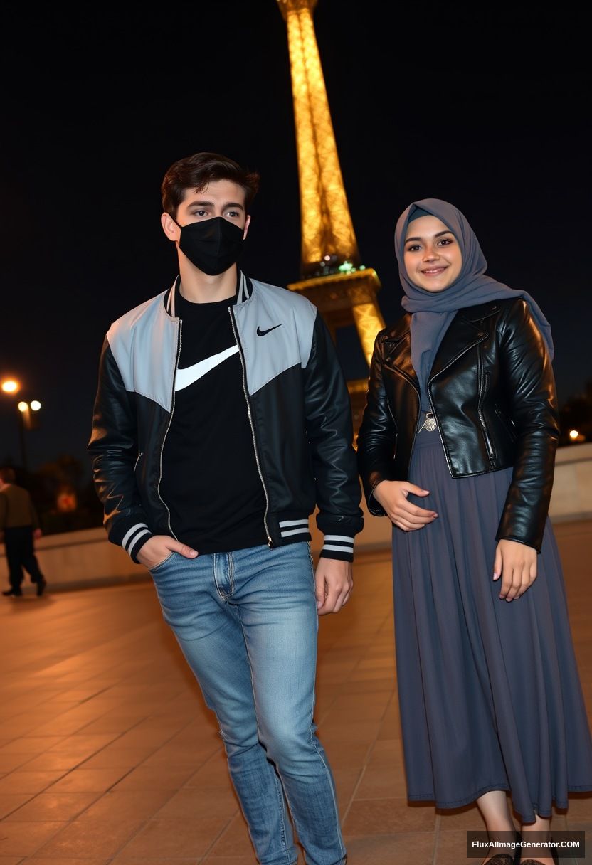 Jamie Dornan, youngest, black face mask, collage jacket, Nike t-shirt, jeans, tall man, fit body,

Dating, love with the biggest grey hijab Muslim girl, beautiful eyes, black face mask, leather jacket, biggest longest skirt, cute short girl,

standing near the Eiffel Tower, night scenery, hyper-realistic, photorealistic, street photography, selfie photos. - Image