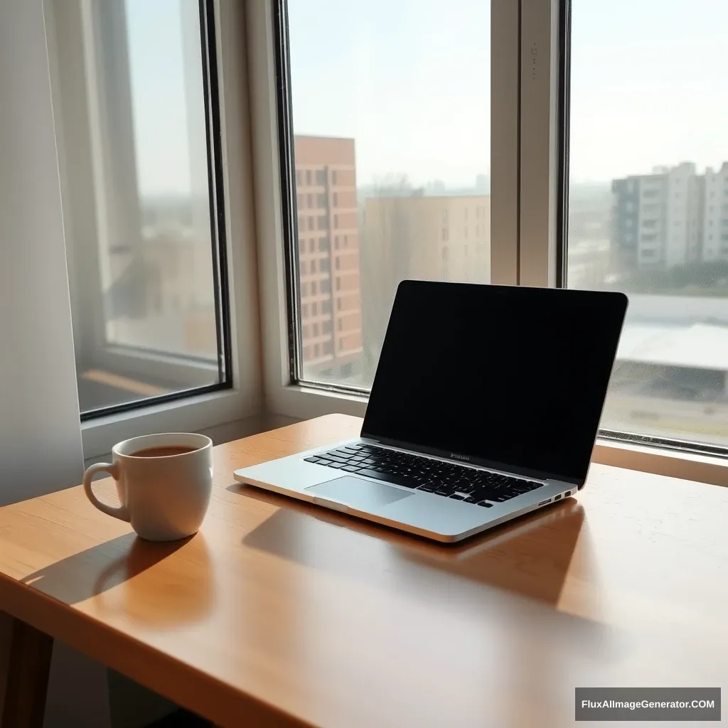 The desk by the window has a laptop and coffee, giving a warm and quiet feeling.