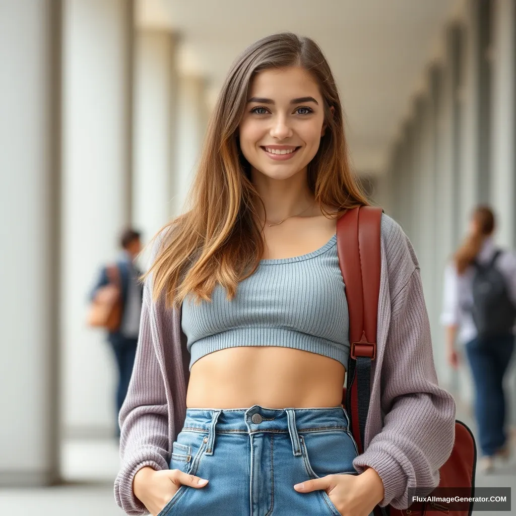 Young woman, midriff, professional photo, at college