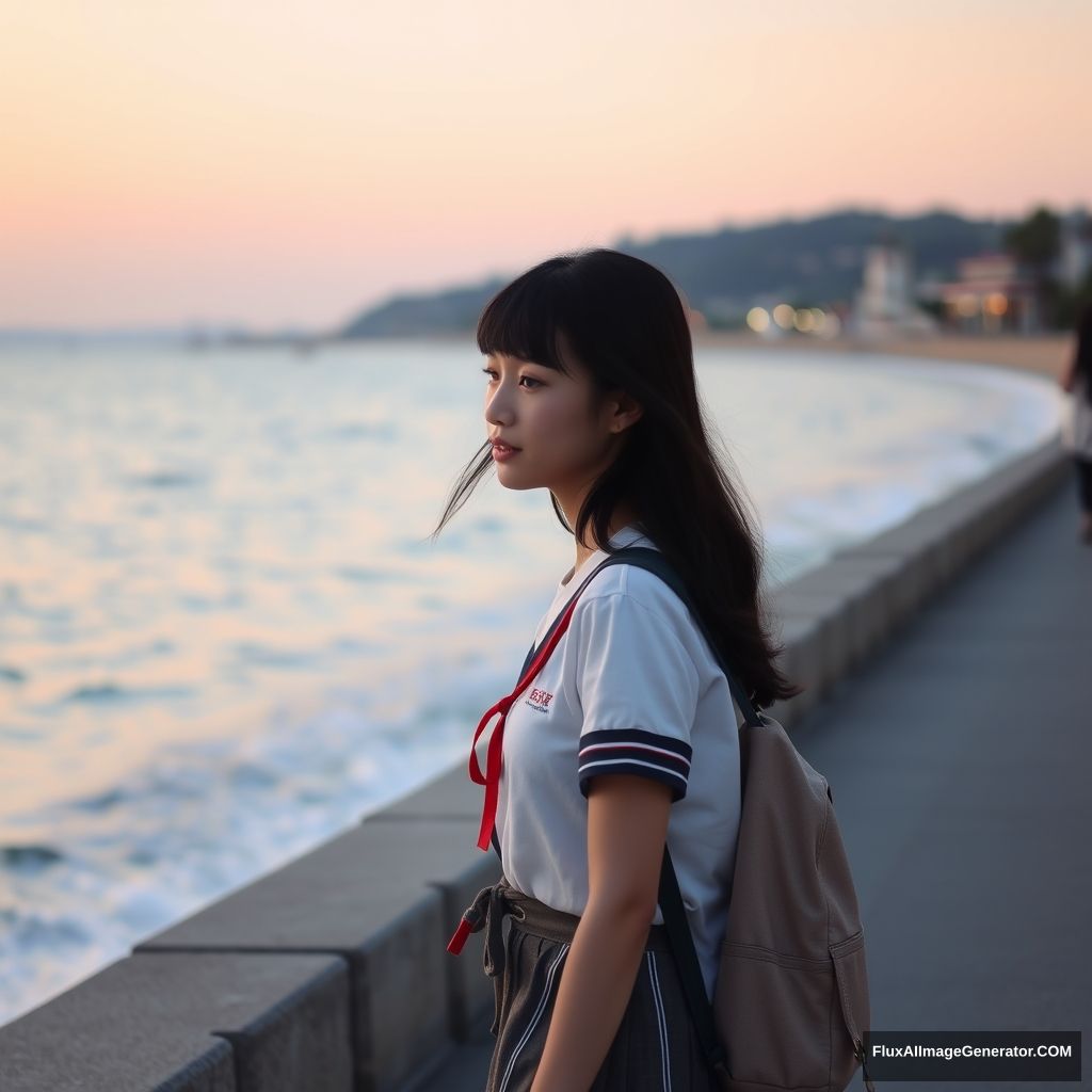 A female student walking by the seaside, beach, dusk, Chinese person, street, Chinese school uniform, young girl.