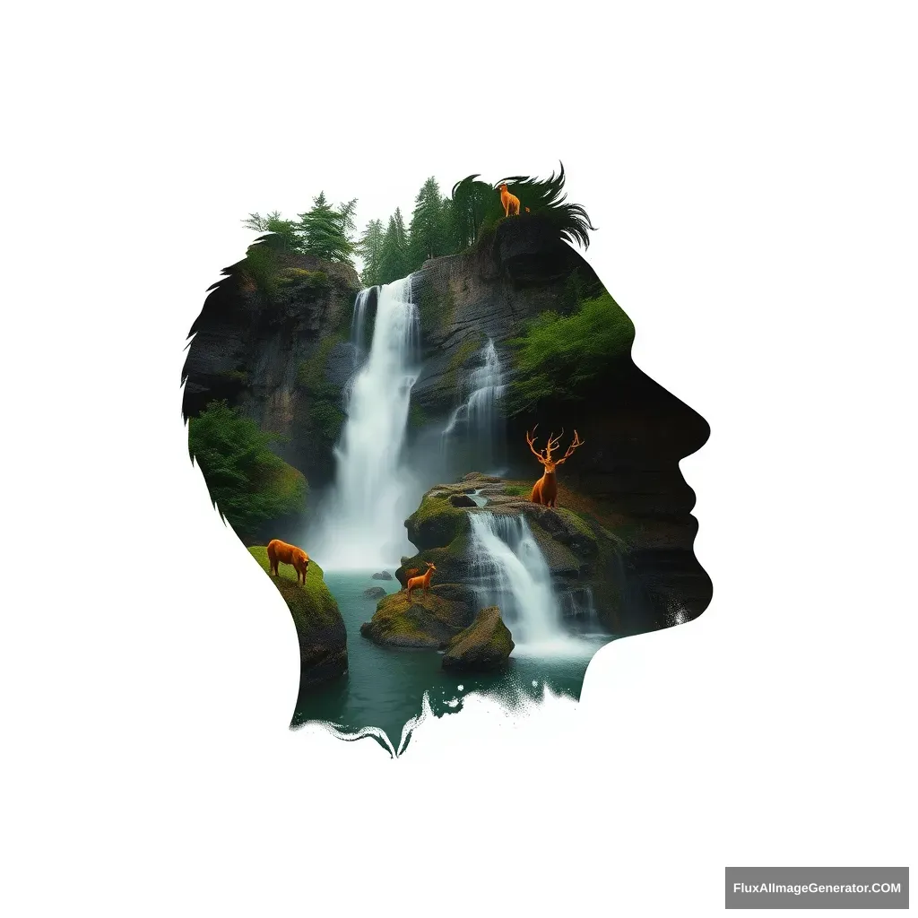 '[Abstract style waterfalls, wildlife] inside the silhouette of a [man]’s head that is a double exposure photograph. Non-representational, colors and shapes, expression of feelings, imaginative, highly detailed.' - Image