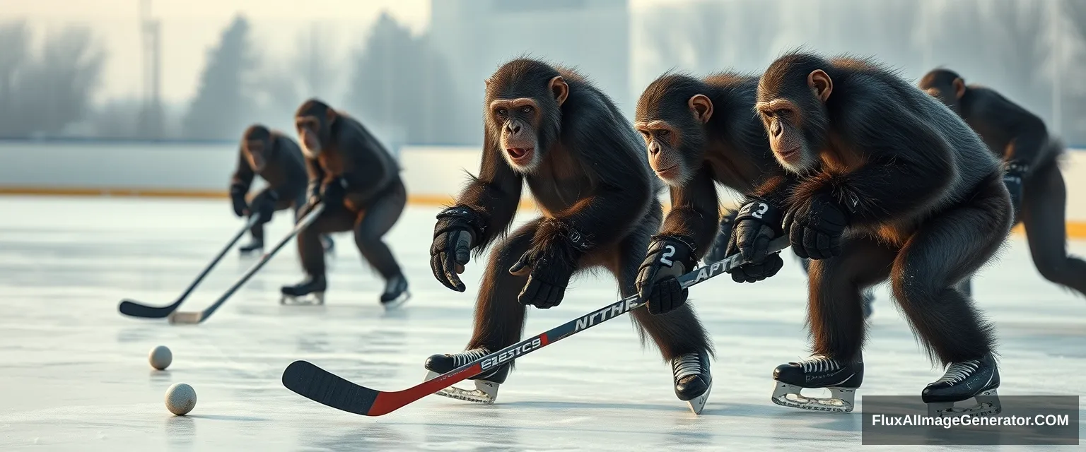 a realistic photograph of a group of chimpanzees playing ice hockey