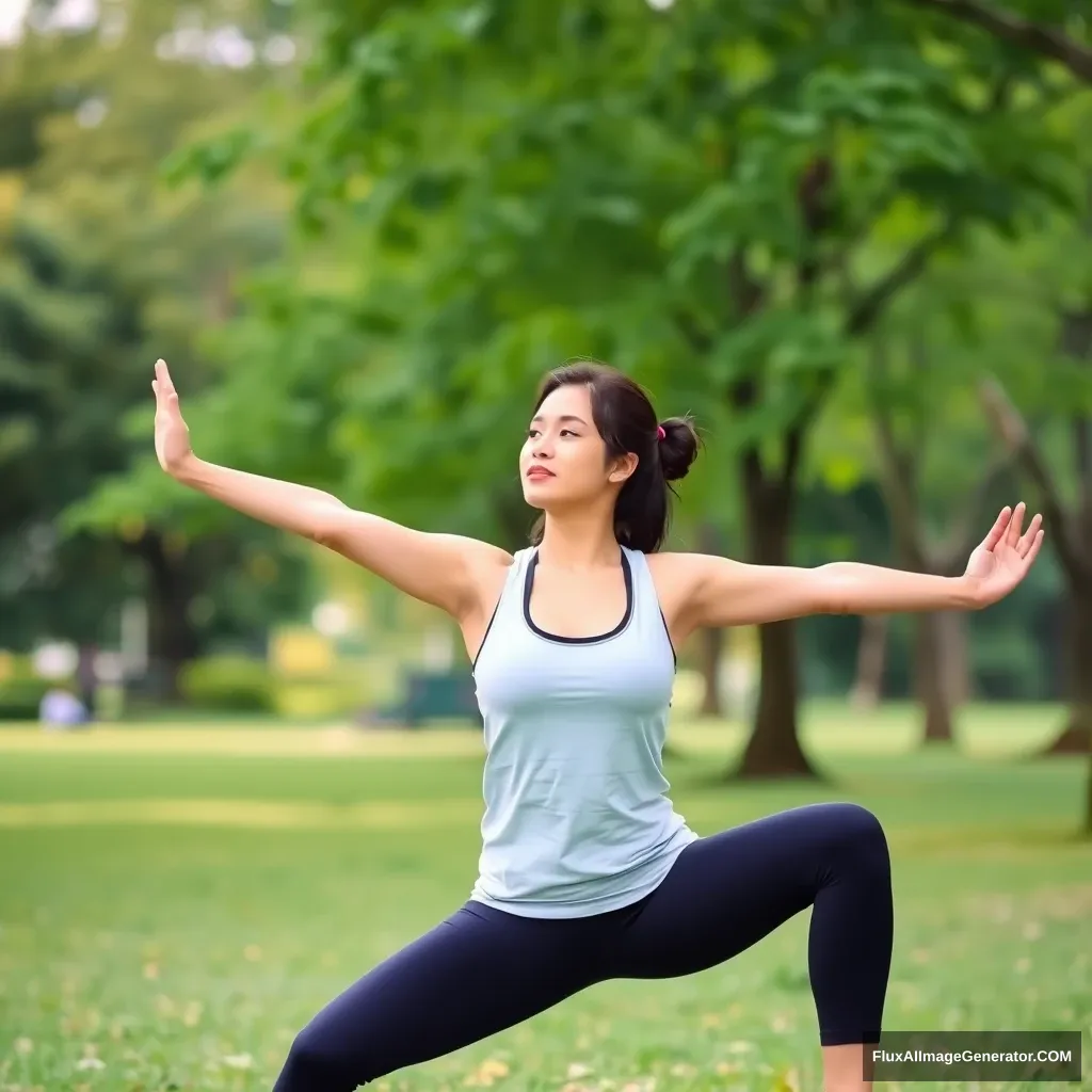 A woman doing yoga in the park, Asian, young mother, yoga pants, yoga tank top. - Image