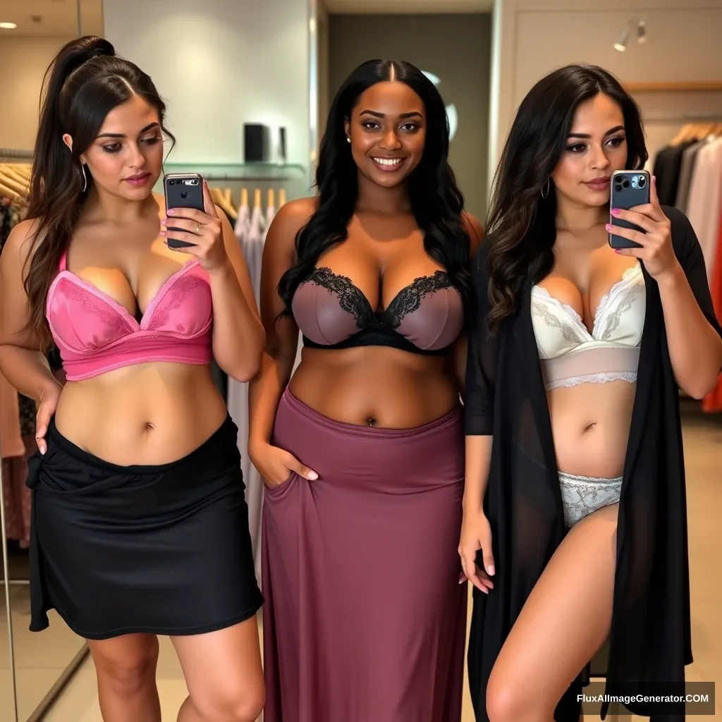 Three slim women with large chests, each from different ethnic backgrounds, trying on nightwear in a store. - Image