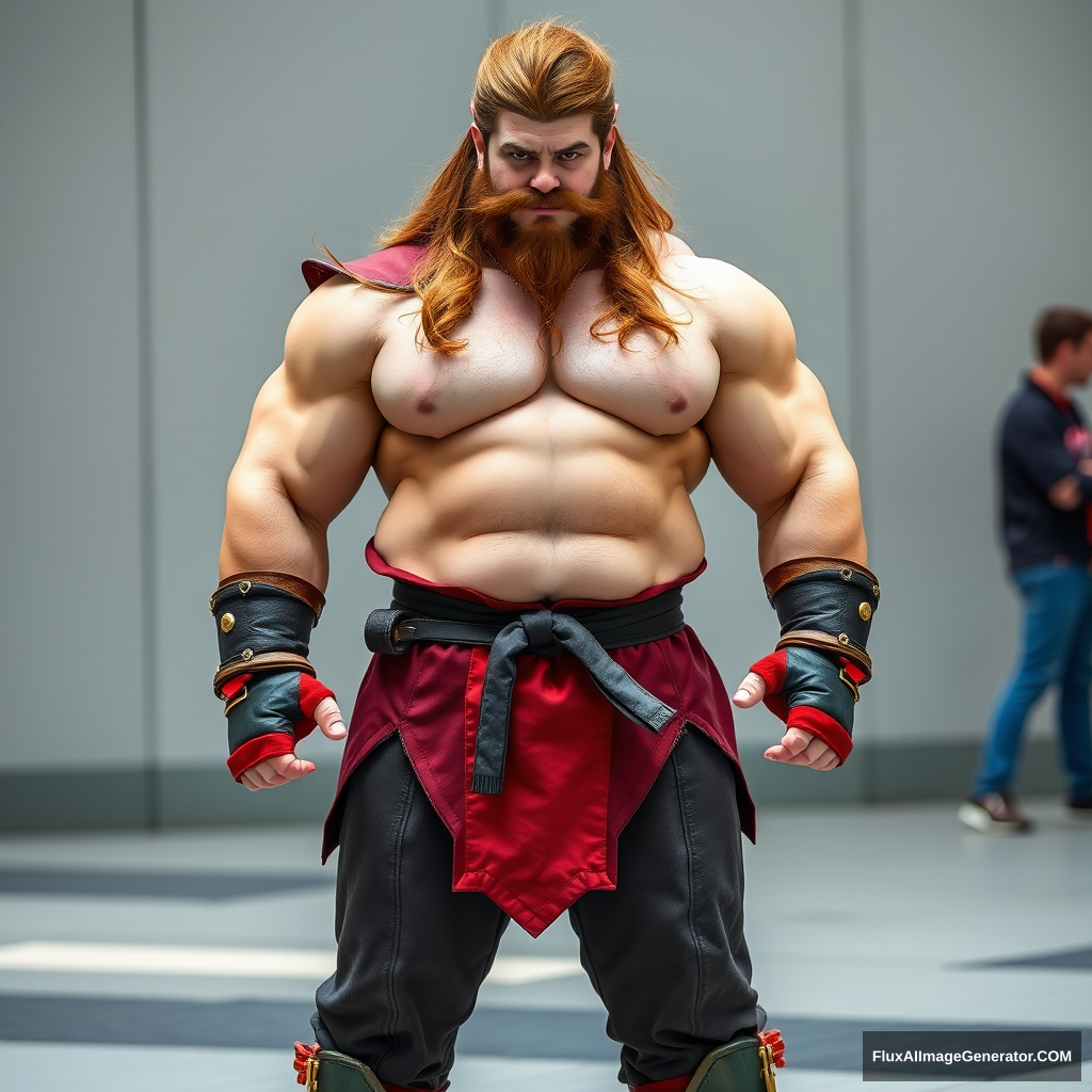 Full body picture of a long brown-haired, short-bearded guy cosplaying as Bison from Street Fighter.