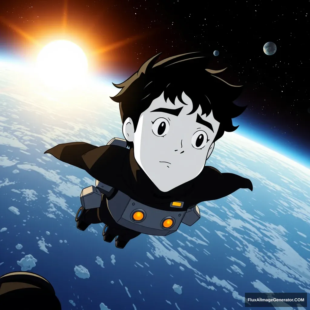 A dark-haired young man wearing all black, with the sun shining on his white face as he floats through outer space, drifting a mile behind a damaged robot with two light bulbs for eyes about to go out; it's a cartoon from the 80s, a wide far-away shot.