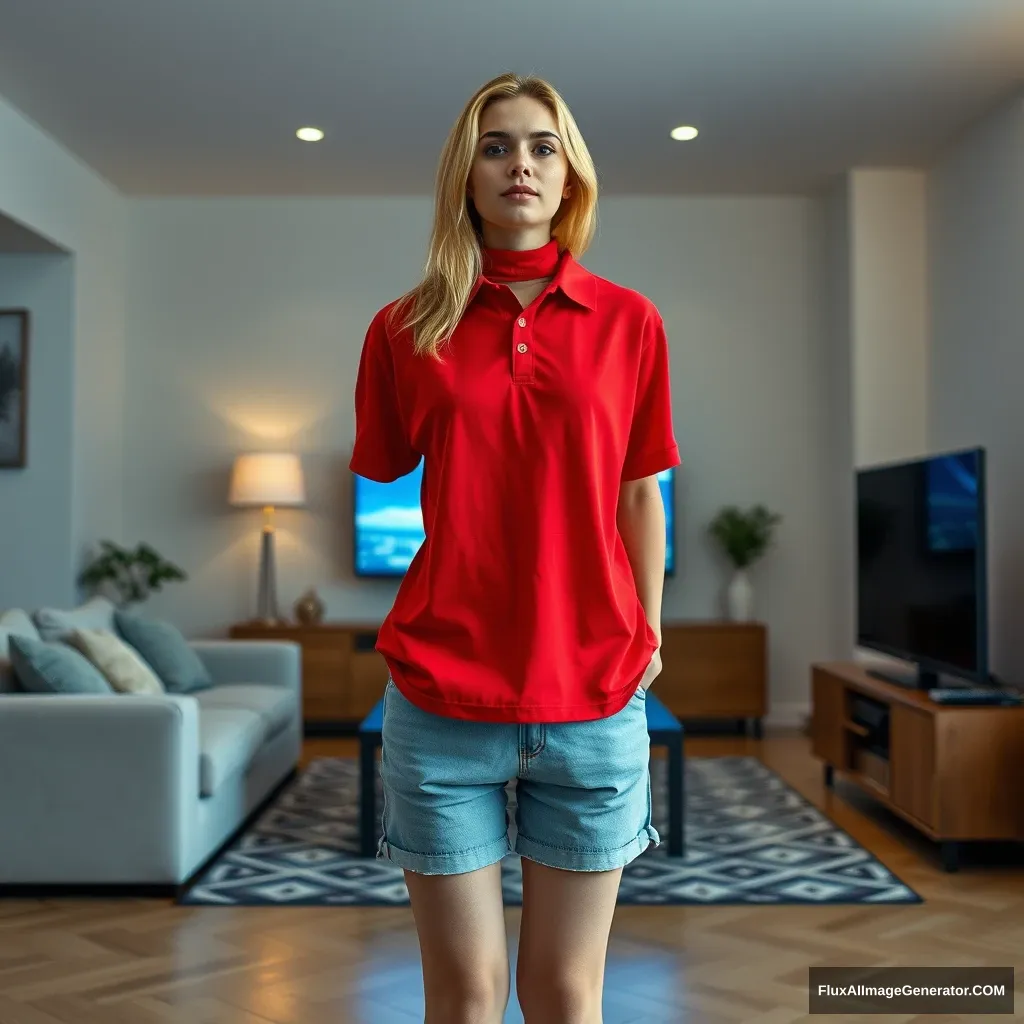 Front view of a young blonde skinny woman in her early twenties, standing in her massive living room, wearing an oversized red polo t-shirt that is slightly off balance on one shoulder. The bottom part of her t-shirt is tucked in. She is also wearing light blue denim shorts and has no shoes or socks on. She faces her TV with a shocked expression and dives into the magical TV. - Image