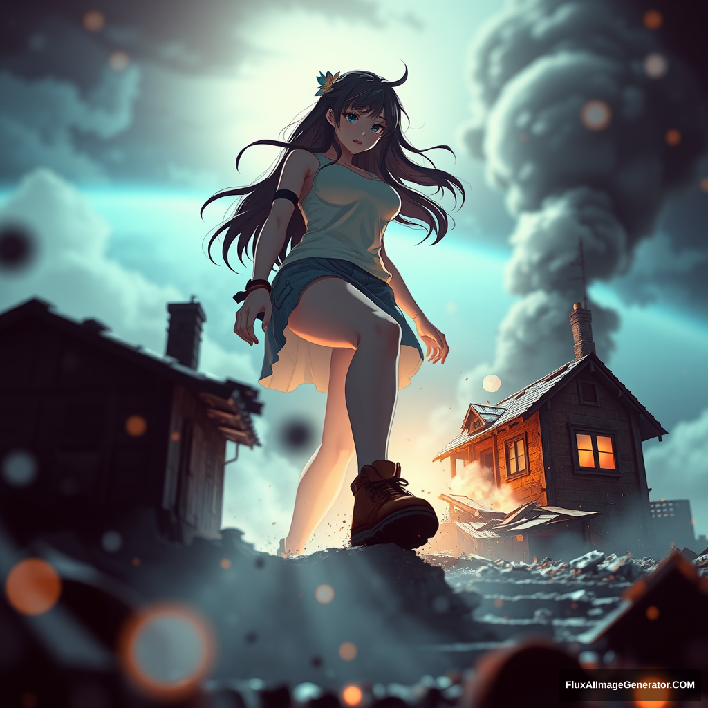 An image taken by a satellite of a gigantic, growing anime woman with a massive upper body, stomping her foot on a crushed house. Pixel art style, cinematic dramatic lighting, depth of field bokeh, destruction, smoke, debris, motion blur, water droplets, fog. - Image