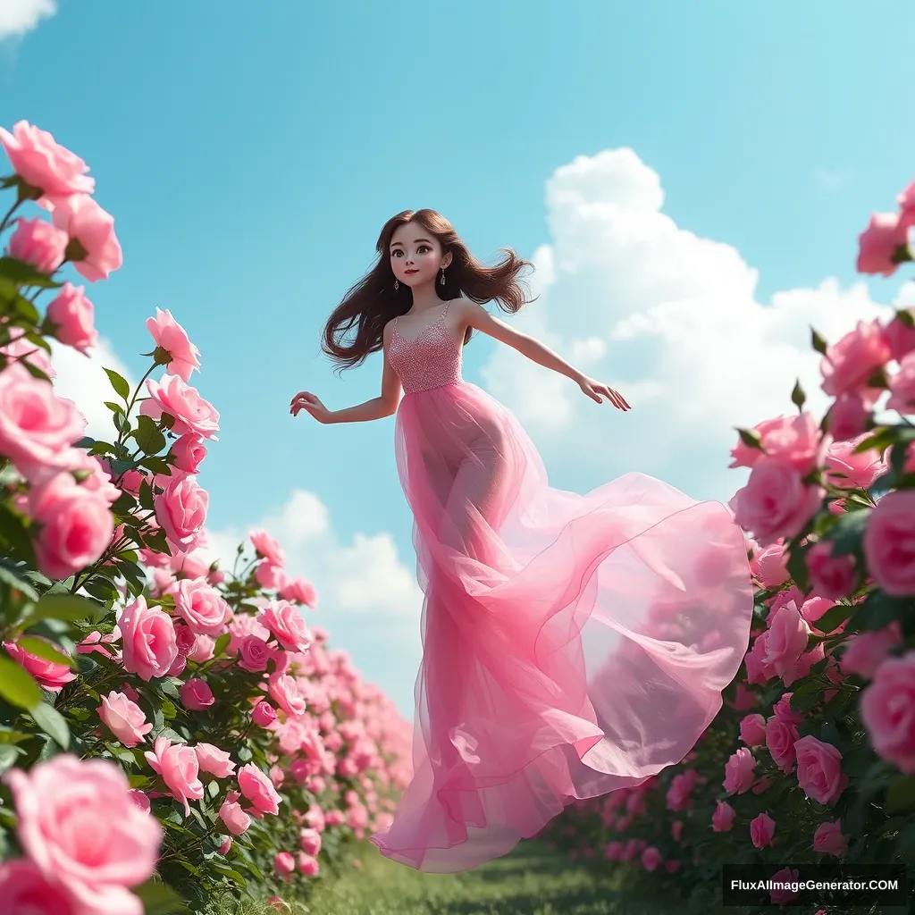 A mermaid girl wearing a transparent pink chiffon dress running in a rose garden, with blue sky and white clouds, a solid color background, Picas style, 3D rendering, natural light, high-definition picture quality, 8k, -- niji 6 - Image