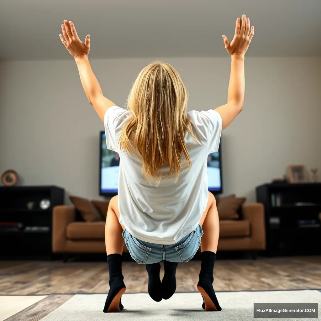 Side view of a blonde, skinny woman in her large living room, wearing an oversized white t-shirt that is uneven on one shoulder, and oversized light blue denim shorts that are not rolled up. She has ankle-high black socks on with no shoes. Facing her TV, she dives headfirst with both arms raised below her head, which is looking up, and her legs are up in the air, positioned at a -60 degree angle.