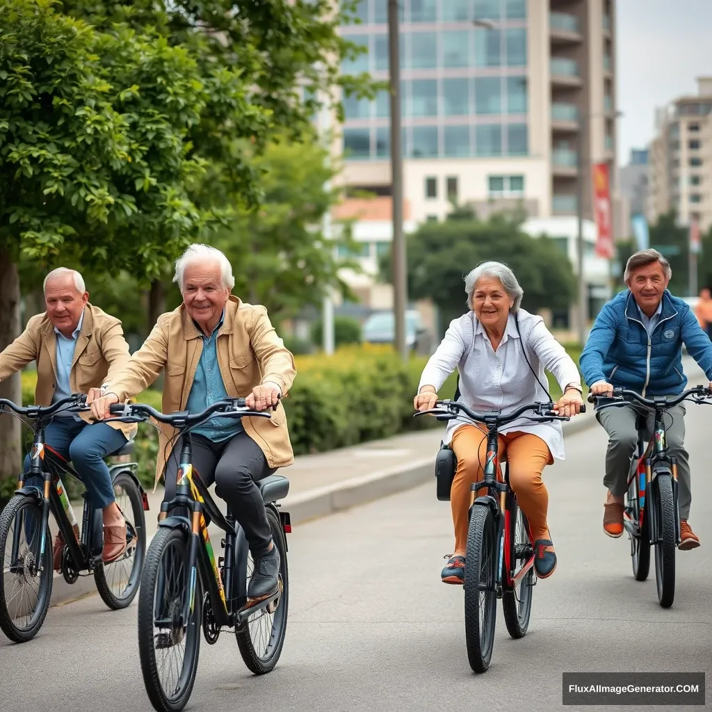 Elderly people riding electric bikes. - Image