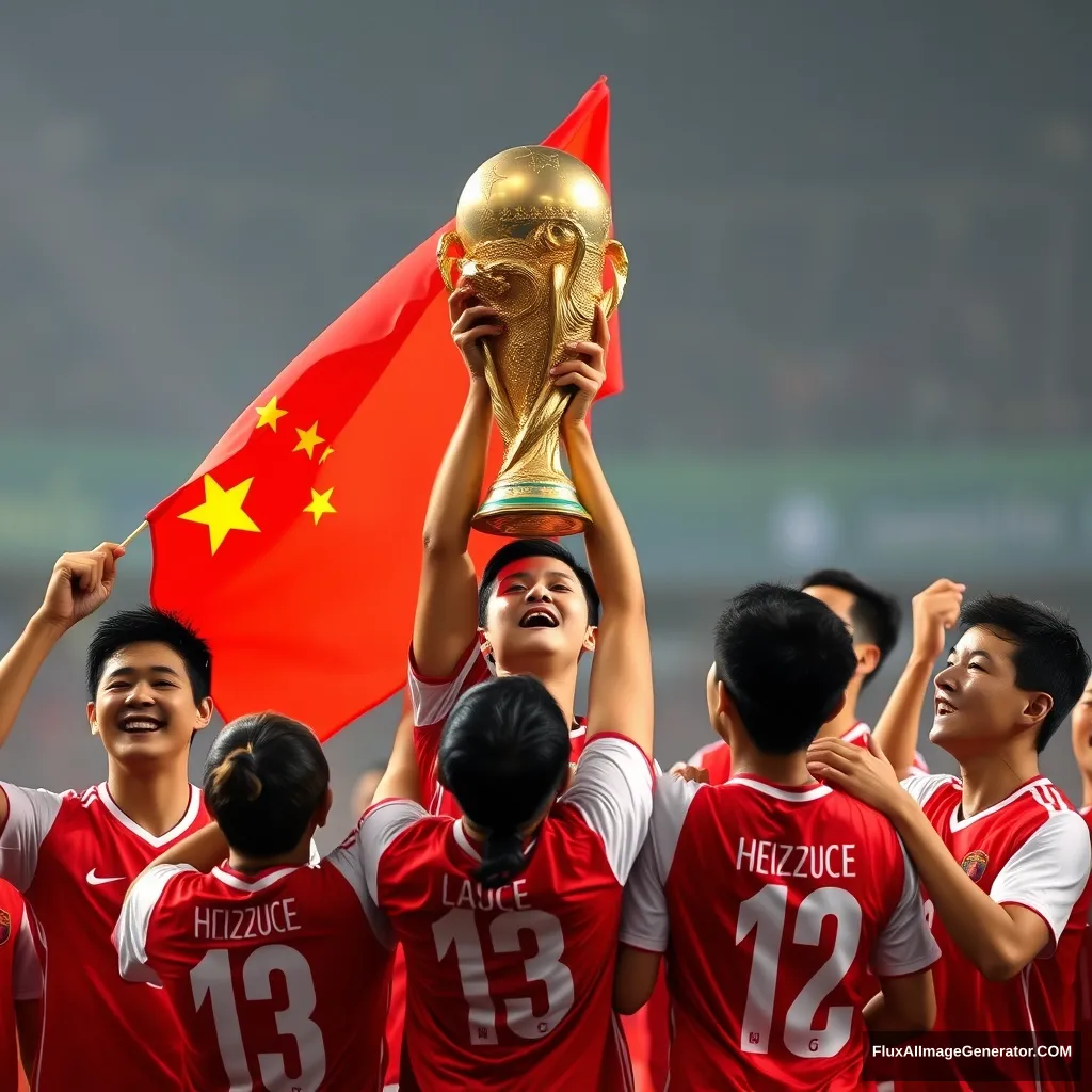 "China's football team wins the World Cup, lifts the Hercules Cup and waves the five-star red flag."