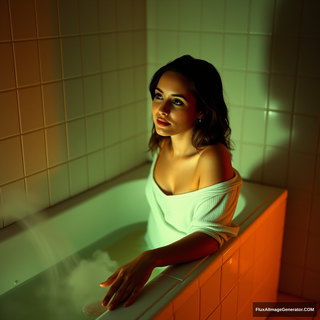 The bathroom is dimly lit, exuding a warm glow that creates a soft atmosphere around the woman's calm face. She sits comfortably on the edge of the bathtub, her hand resting on the tub, lost in thought. A wisp of steam rises from the water in the bathtub, and the tiled floor glimmers from the humidity. - Image