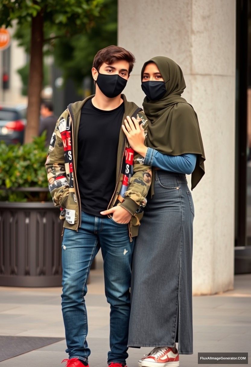 Jamie Dornan, young, black face mask, black T-shirt, riot collage jacket, jeans, red sneakers, dating romantically with an army green hijab-wearing Muslim girl, beautiful eyes, black face mask, jeans jacket, longest skirt, not tall girl, photorealistic, street photography, full photography. - Image