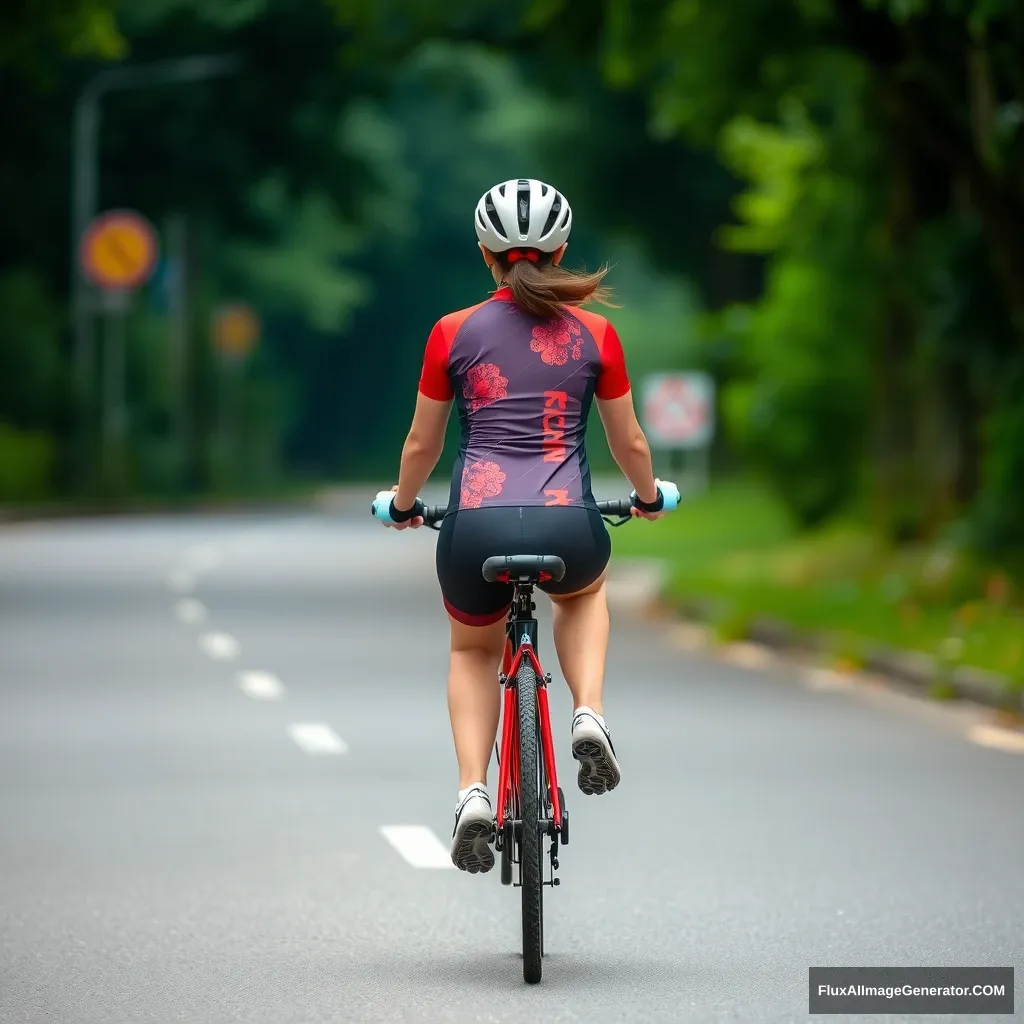 A woman riding a bicycle, viewed from behind, Chinese, cycling outfit. - Image