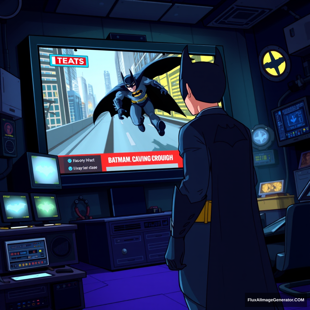 Bruce Wayne, dressed in his signature dark suit, stands in front of a massive computer screen inside the dimly lit Batcave. The screen displays a news broadcast showing Batman, mid-chase, pursuing criminals through the city. The Batcave is filled with high-tech gadgets, glowing monitors, and the iconic Batmobile in the background. The scene is depicted in a cartoon animated style, with exaggerated features, vibrant colors, and dynamic lighting that highlights the intensity of the moment. - Image