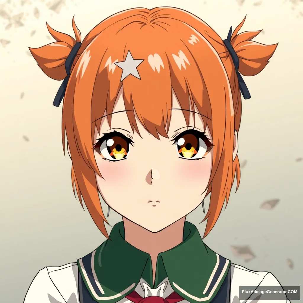 Teenage girl with orange hair in short pigtails, yellow eyes, and wearing a Soviet pioneer uniform, anime.