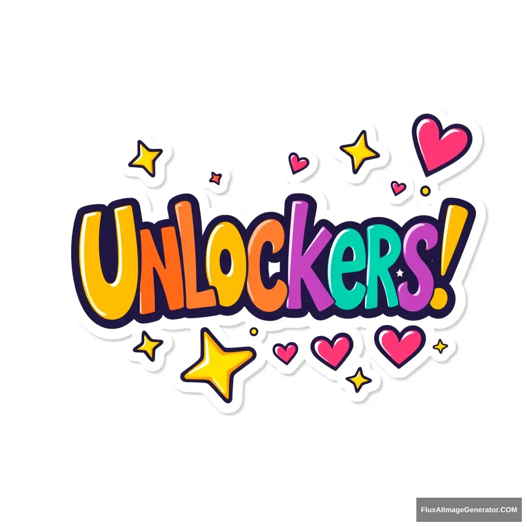 A vibrant cartoon-style sticker design featuring the encouraging phrase 'Unlockers!' in bold letters, surrounded by colorful stars and hearts.