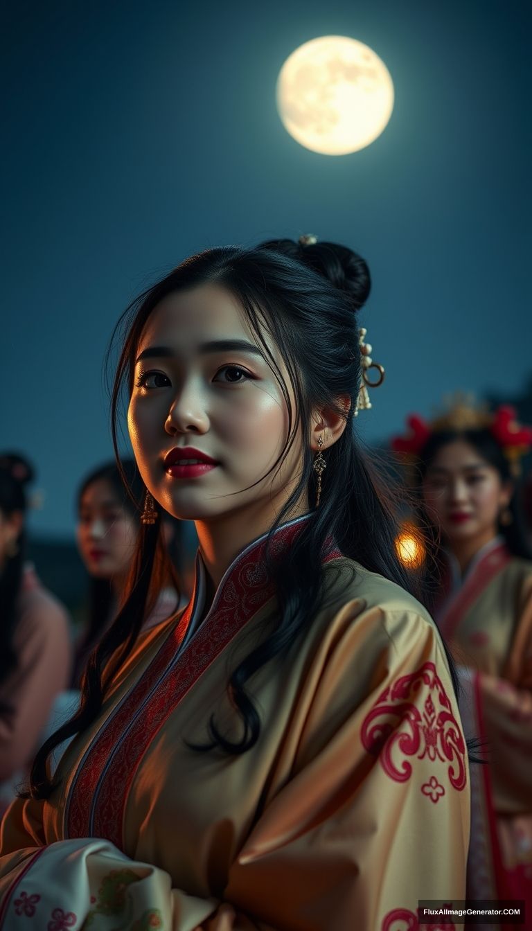 A captivating close-up capturing a beloved Chinese celebrity in varied Hanfu styles, emphasizing her captivating allure in different poses. The scene should be under a clear night sky, with the moon casting gentle light. Created Using: natural style, clear moonlit night, multiple Hanfu poses.