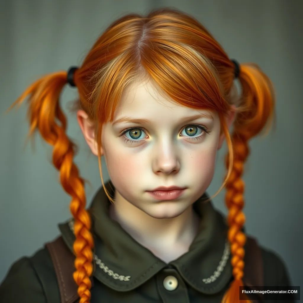 Teenage girl with orange hair in pigtails, yellow eyes, and wearing a Soviet pioneer uniform.