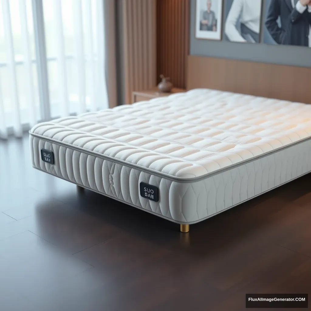 C4D, realistic rendering, a product image, the product type is mattress, in an indoor setting, the product name is "Suo Bao Mattress", more details.