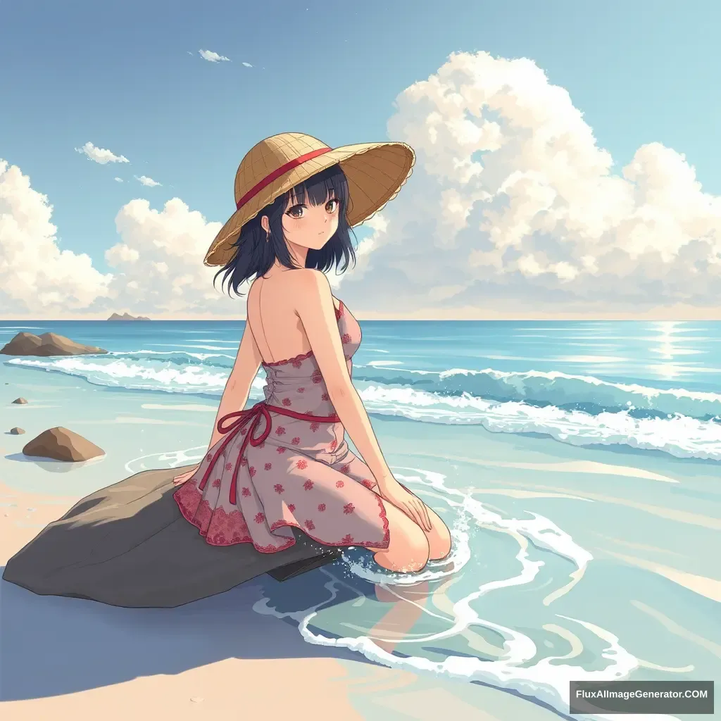 Make a style of a girl on the beach like Akabur art style.