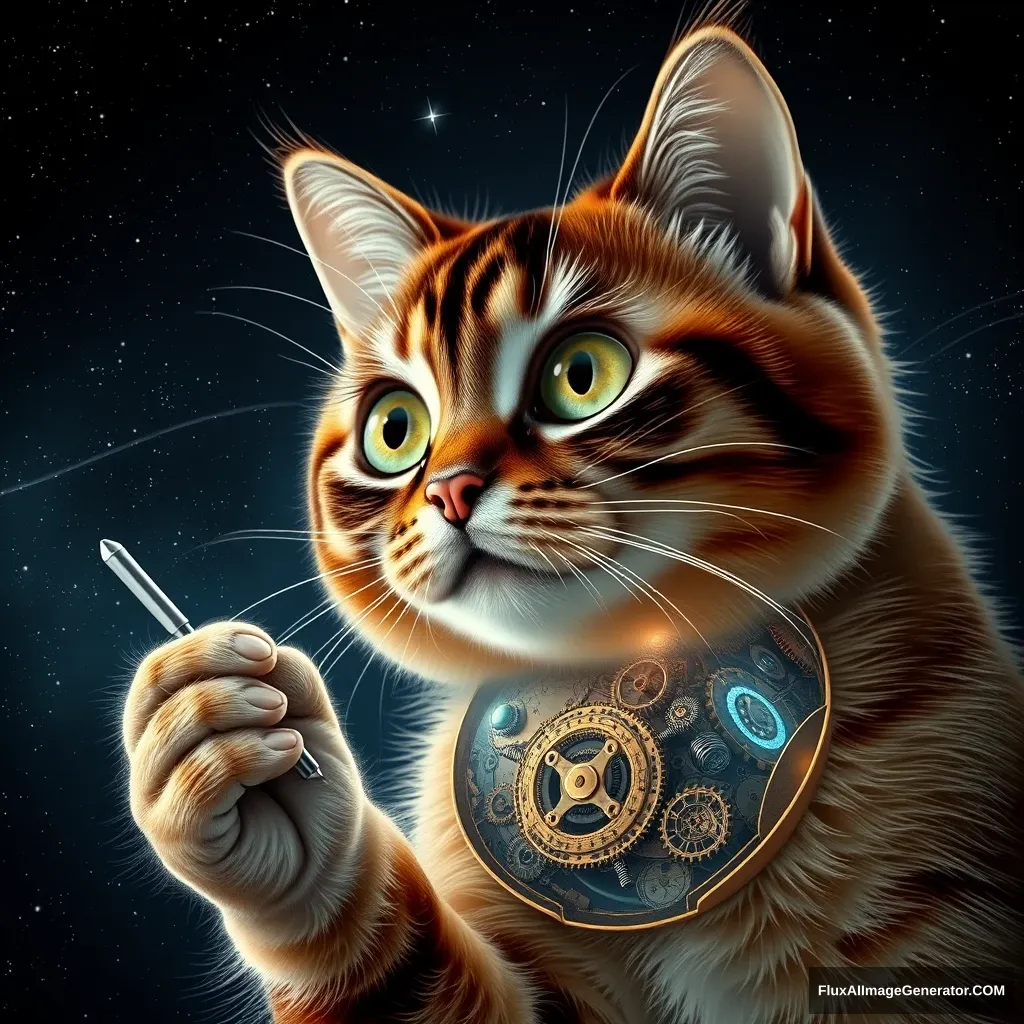 A hyper-realistic feline, eyes wide with cosmic wonder, gazes at an Earth-like planet floating in starry space. Its paw grips a gleaming screwdriver, poised to tinker. The planet's crust peels away, revealing an intricate clockwork interior of gears, circuits, and pulsing energy conduits.