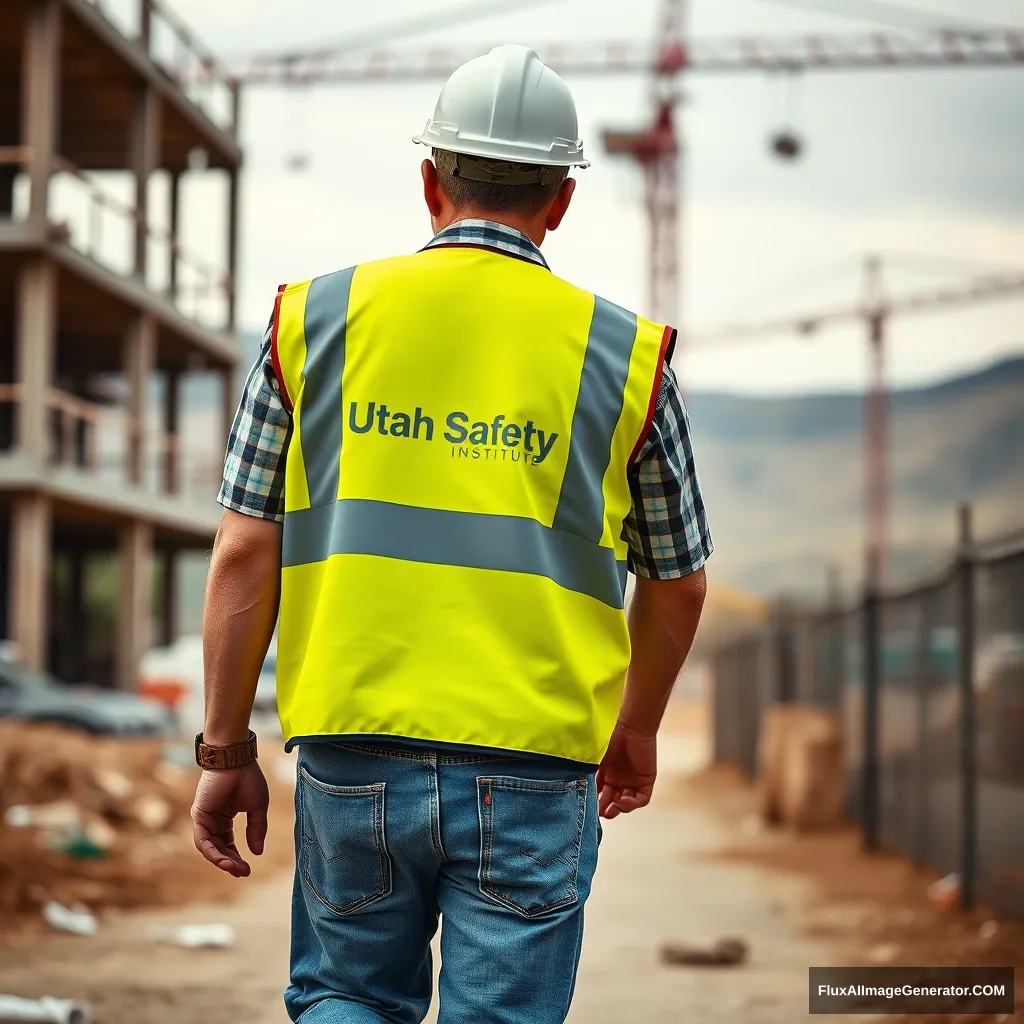 A photorealistic image of a construction worker walking away from a construction site. The construction worker should compose about ⅛ of the image. He is wearing a yellow vest that has “Utah Safety Institute” in white letters on the left chest. He is also wearing a white safety hat.