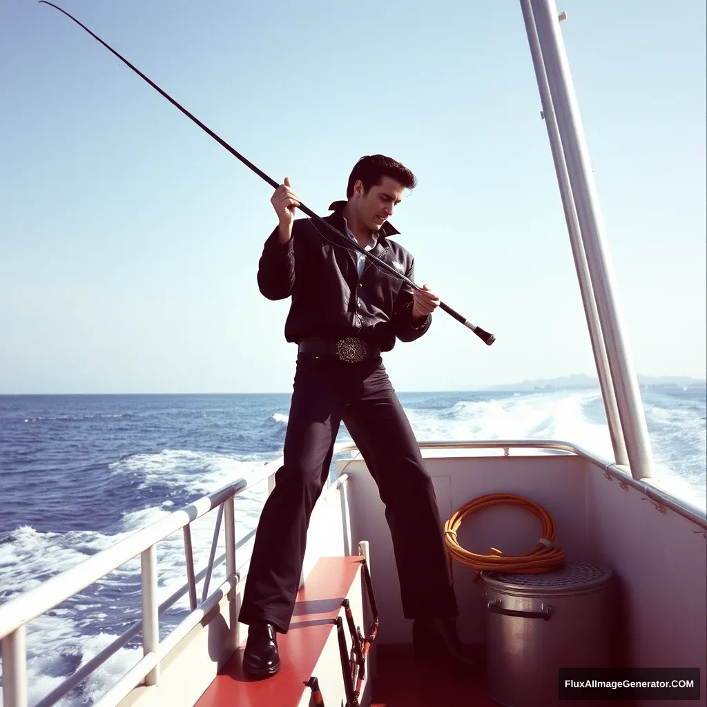 Elvis Presley fishing from a ferry.