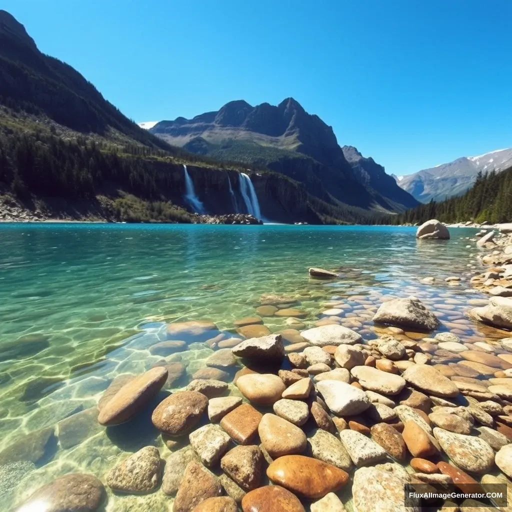 The clear lake water is scattered with colorful stones, and in the distance, waterfalls rush down from the high mountains against a backdrop of a blue sky.