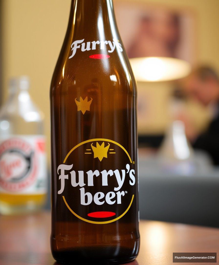 A beer bottle with the words "Furry's beer" standing on the table.