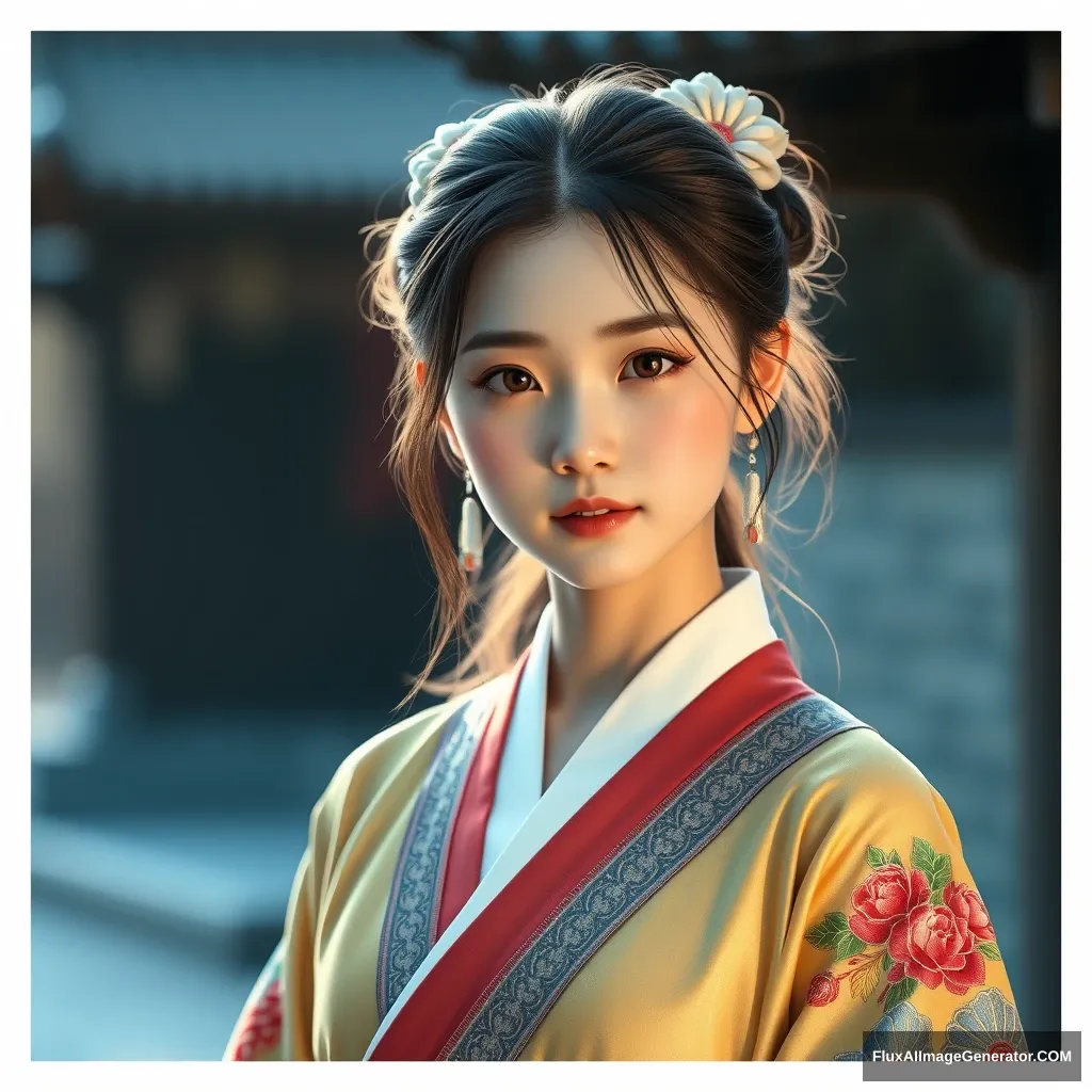 A girl is wearing Korean traditional clothes, hyper-realistic photo, unreal engine. - Image