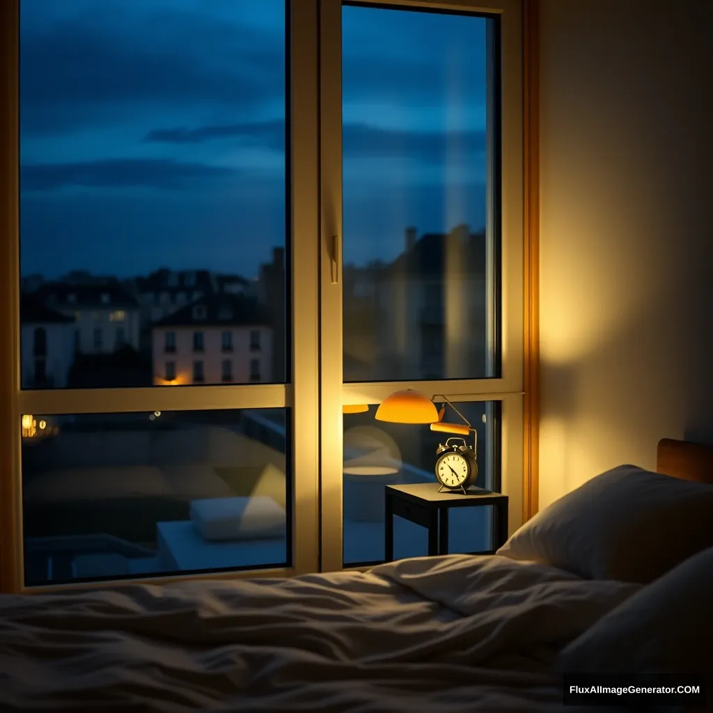 Glass window, modern apartment bedroom in France, a study lamp lighting, midnight scenery, 2:15 AM on a small clock on a small desk behind the bed, hyper-realistic, photorealistic.