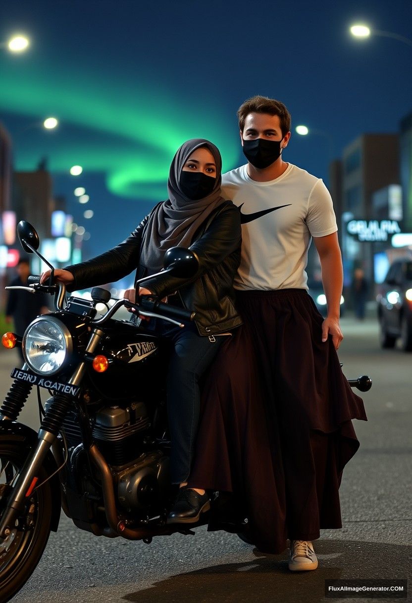 Jamie Dornan, tall, young, wearing a black face mask, a white Nike T-shirt, and jeans, riding a motorcycle.

Dating romantically with a grey hijab-wearing Muslim girl with beautiful eyes, also wearing a black face mask, a leather jacket, and a very long and oversized skirt; she is not tall.

Riding motorcycles together in town, photorealistic street photography, night scenery, aurora borealis. - Image