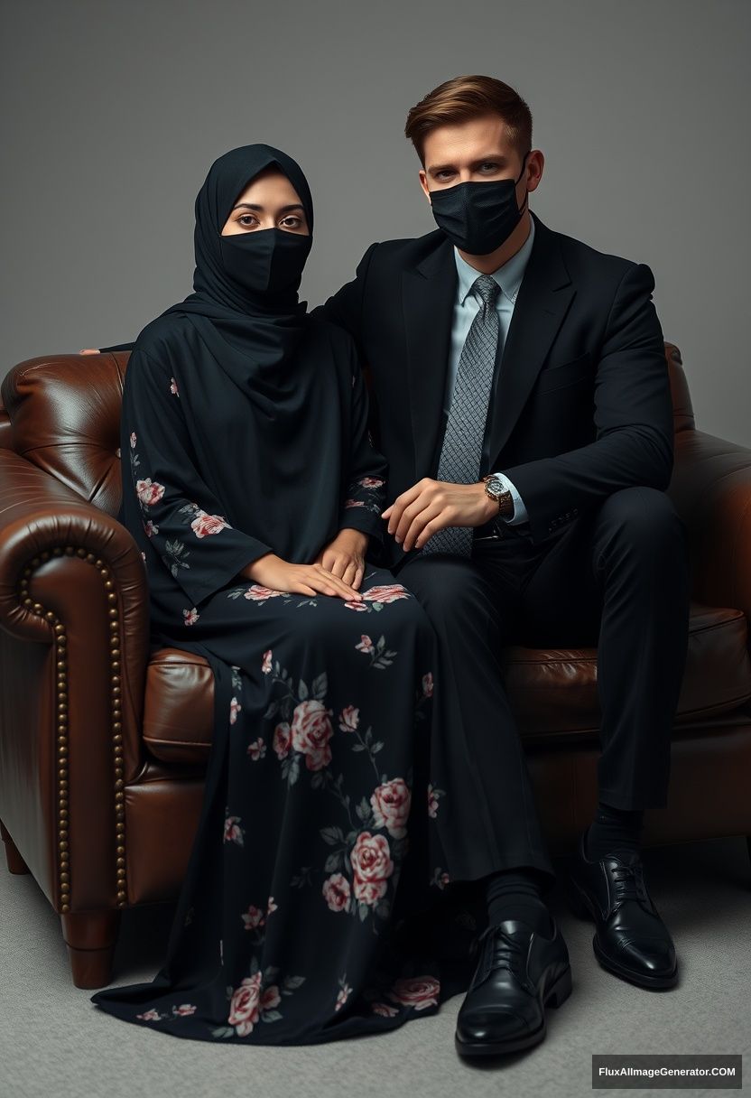 A biggest black hijab girl, slim girl, beautiful eyes, face mask black, biggest floral longest dress, sitting on leather single wing sofa, 

Jamie Dornan, youngest, black suit coat, grey pattern tie, black leather sneaker, tall man, face mask black, fit tough body, sitting near her,

hyper realistic, studio photography.